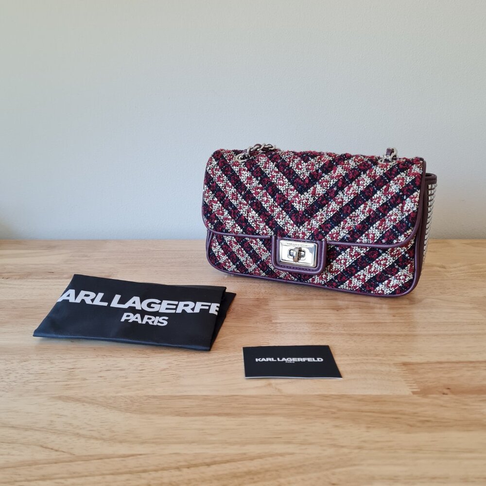 Karl Lagerfeld Agyness Tweed Crossbody Flap NWOT Convertible Wine Navy Luxury - Picture 11 of 16